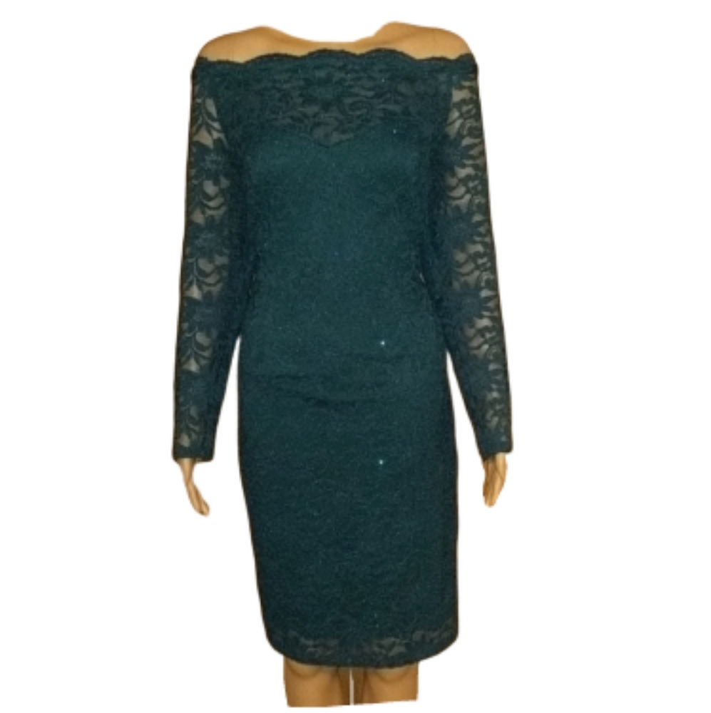 Sparkly Green off the Shoulder Dress Size 16 - Picture 1 of 6
